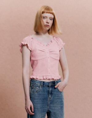 Pink Urban Revivo Puff Sleeve Skinny Women's Shirts | OHTVLF-031