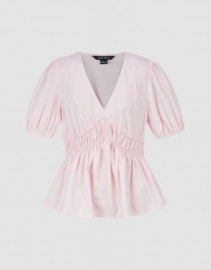 Pink Urban Revivo Puff Sleeve V-Neck Overhead Women's Blouse | CYFDHM-895