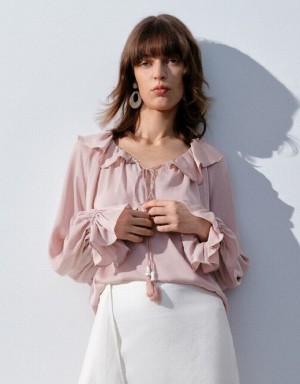 Pink Urban Revivo Raglan Sleeve Ruffle Overhead Women's Blouse | YEOKPG-962