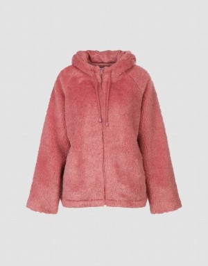 Pink Urban Revivo Raglan Sleeve Zipper Front Furry Women's Jacket | CUHQBE-054