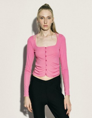 Pink Urban Revivo Ruched Crew Neck Knitted Top Women's Shirts | MQYKCZ-340