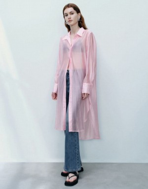 Pink Urban Revivo Sheer Long Straight Women's Shirts | EILQGP-608