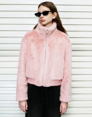 Pink Urban Revivo Stand Collar Straight Furry Women's Coats | OBUYWV-625