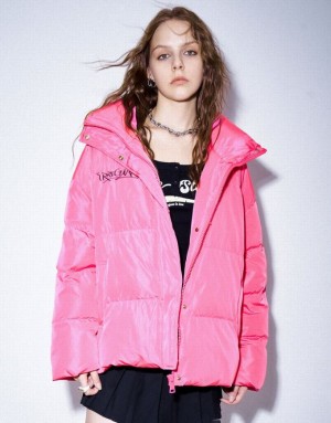 Pink Urban Revivo Stand Collar Women's Puffer Jacket | ZGTDFQ-531