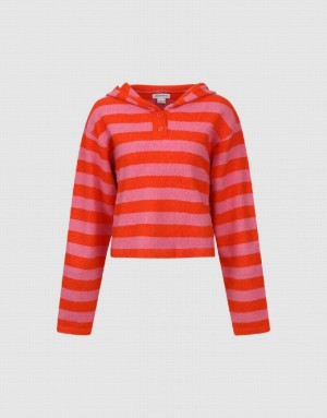 Pink Urban Revivo Striped Hooded Knitted Women's Cardigan | BQEPIM-853