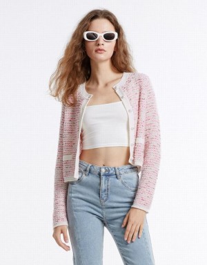 Pink Urban Revivo Tweed Women's Cardigan | VAROMH-307