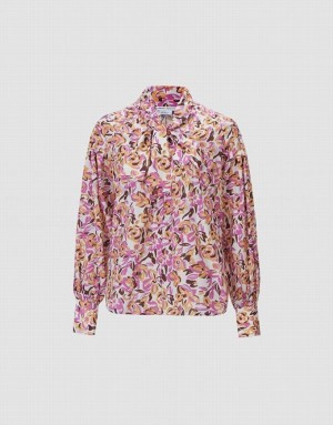 Purple Urban Revivo Bow Detail Floral Women's Blouse | MJKVZD-807