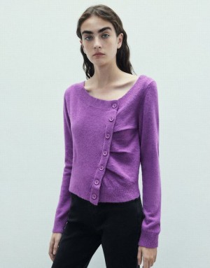 Purple Urban Revivo Button Decor V-Neck Knitted Women's Cardigan | XBFEPK-601