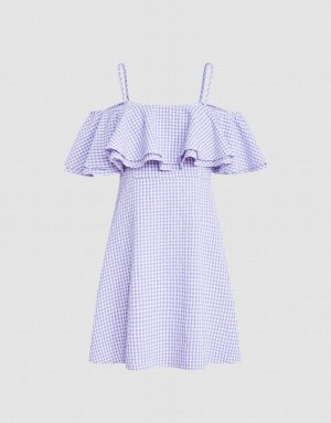 Purple Urban Revivo Checkered Ruffle Cami Women's Dress | VYHGIJ-623