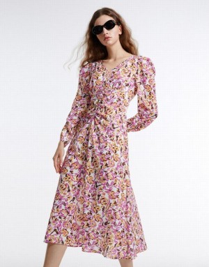 Purple Urban Revivo Floral Chiffon Women's Casual Dress | QEFHJB-802