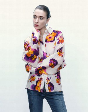 Purple Urban Revivo Flower Printed Button Up Women's Shirts | HVOTAY-230