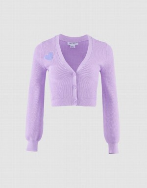 Purple Urban Revivo Heart Embroidery Ribbed Knit Women's Cardigan | CGXYNR-206