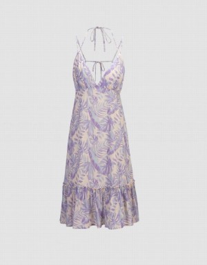 Purple Urban Revivo Leaves Print Ruffle Hem Cami Women's Dress | ZVPBMS-648