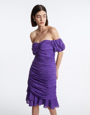 Purple Urban Revivo Off Shoulder Ruched Ruffle Hem Women's Casual Dress | ERUZSK-327