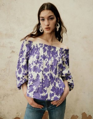 Purple Urban Revivo Printed Off-Shoulder Overhead Women's Blouse | BDYNQT-395