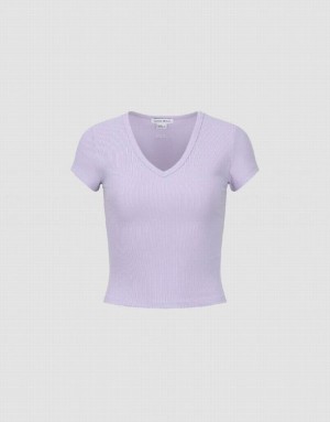 Purple Urban Revivo Skinny V-Neck Knitted Women's T-Shirts | ZFXLSO-359