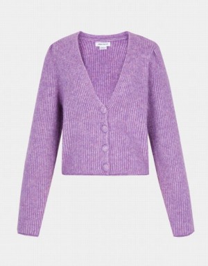 Purple Urban Revivo V Neck Rib Knit Women's Cardigan | BXJCVU-253