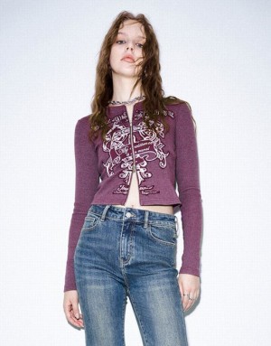 Purple Urban Revivo Zipper Front Printed Crew Neck Women's Shirts | SRGQHU-935