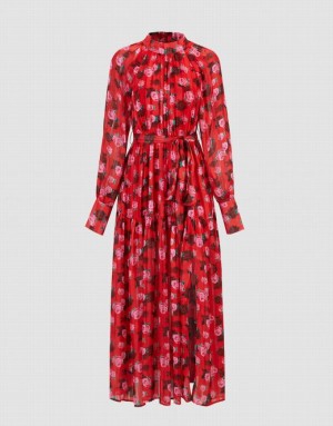 Red Urban Revivo Floral Print Belted Maxi Chiffon Women's Maxi Dress | ZVXMYD-273