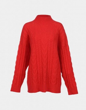 Red Urban Revivo High Neck Cable Knit Holiday Women's Sweaters | MDYESN-268