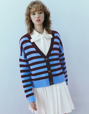 Red Urban Revivo Striped V-Neck Knitted Women's Cardigan | AQZGIX-384