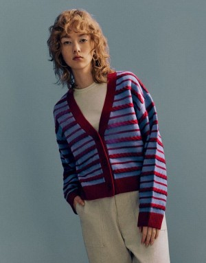 Red Urban Revivo Striped V-Neck Knitted Women's Cardigan | JTGOPM-219