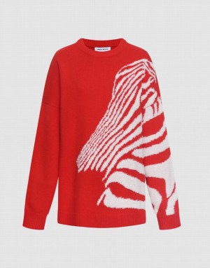 Red Urban Revivo Zebra Striped Crew Neck Women's Sweaters | GSHUBF-598