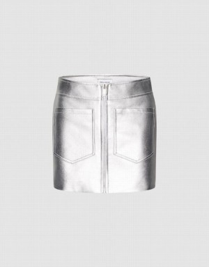 Silver Urban Revivo Vegan Leather Mini A-Line Women's Skirts | QXHPDB-976