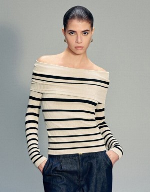 Stripes Urban Revivo Off-Shoulder Skinny Women's T-Shirts | ULIMRH-251