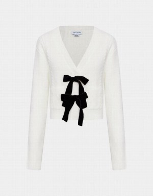 White Urban Revivo Bow Tie Decor V-Neck Knitted Women's Cardigan | SIXLNR-743