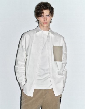 White Urban Revivo Button Up Oversized Men's Shirts | KJCXFP-652