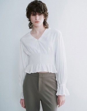 White Urban Revivo Chiffon V-Neck Overhead Women's Blouse | CPKJNM-265