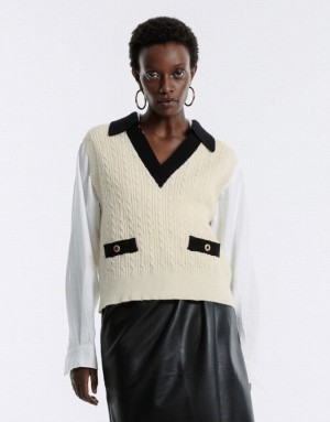 White Urban Revivo Contrast Trim Women's Sweaters | RULJDN-815