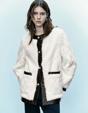 White Urban Revivo Crew Neck Straight Furry Women's Coats | GBRJVD-198