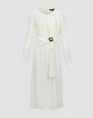 White Urban Revivo Crew Neck Straight With Belt Decor Women's Dress | YOTZBJ-267