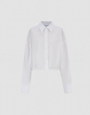 White Urban Revivo Elastic Hem Cropped Balloon Women's Shirts | WJTPMR-472