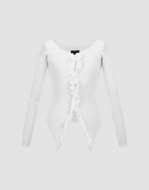 White Urban Revivo Frill Trim Knitted Women's Cardigan | EZTDUY-907