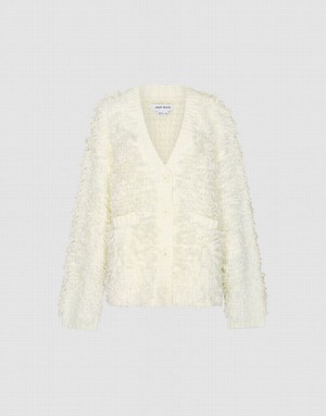 White Urban Revivo Furry V-Neck Knitted Women's Cardigan | SIRYTD-623