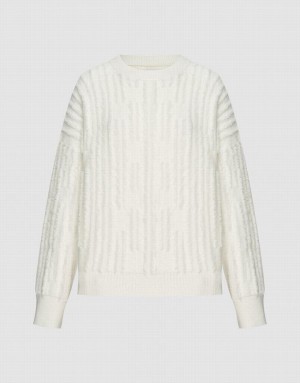 White Urban Revivo Fuzzy Crew Neck Women's Sweaters | VFNEOK-352