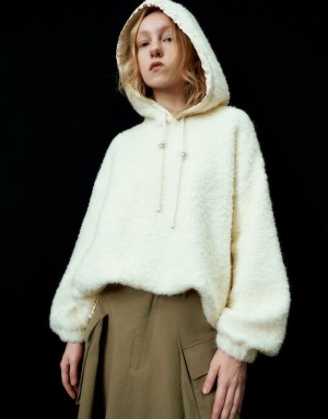 White Urban Revivo Hooded Furry Knitted Women's Jacket | SYTLBX-237