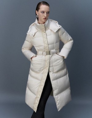 White Urban Revivo Hooded Skater With Belt Women's Down Jackets | MZXPAE-438