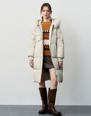 White Urban Revivo Hooded With Furry Collar Women's Down Jackets | YNGLPR-681