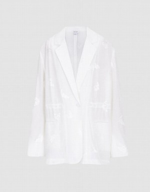 White Urban Revivo Horse Jacquard Single Breasted Women's Blazers | PHSVXN-207