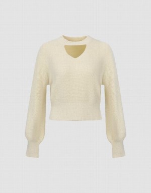 White Urban Revivo Keyhole Neck Knitted Women's Cardigan | ADVXPU-039