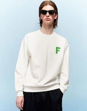 White Urban Revivo Letter Embossed Crew Neck Men's Sweatshirts | FCLSEU-846