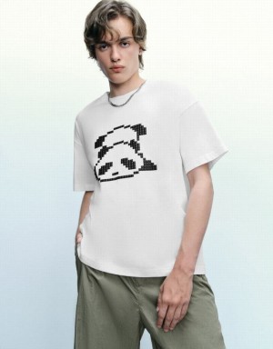 White Urban Revivo Panda Printed Crew Neck Men's T-Shirts | CDQMOW-275