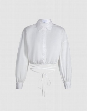 White Urban Revivo Plain Drop Shoulder Long Sleeve Women's Shirts | JBCFTN-945