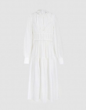 White Urban Revivo Plain Frill Trim Puff Sleeve Women's Casual Dress | CKGXTD-948