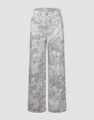 White Urban Revivo Printed Wide-Leg Women's Jeans | KVUCBW-735