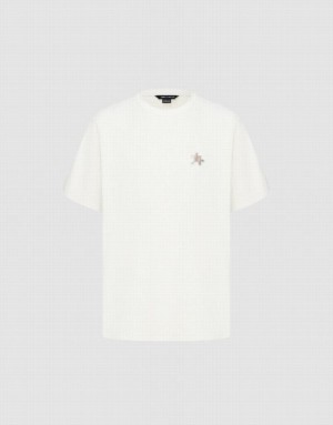 White Urban Revivo Puzzle Embroidered Straight Men's T-Shirts | JCQXGB-752